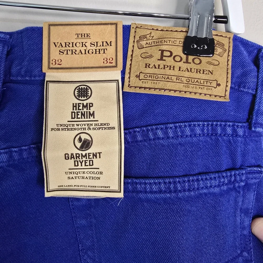 Polo Ralph Lauren Varick Slim Straight Hemp Denim Jeans Royal Blue Men 32x32 NEW